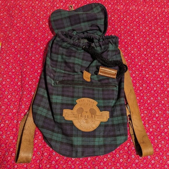 Vintage 90's Disney Mickey Mouse Plaid Tartan Backpack 90’s Leather Drawstring - Picture 2 of 11